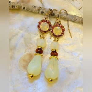 Yellow Swarovski Flower Crystal & Yellow Opaline Stone In Gold Plated Earrings